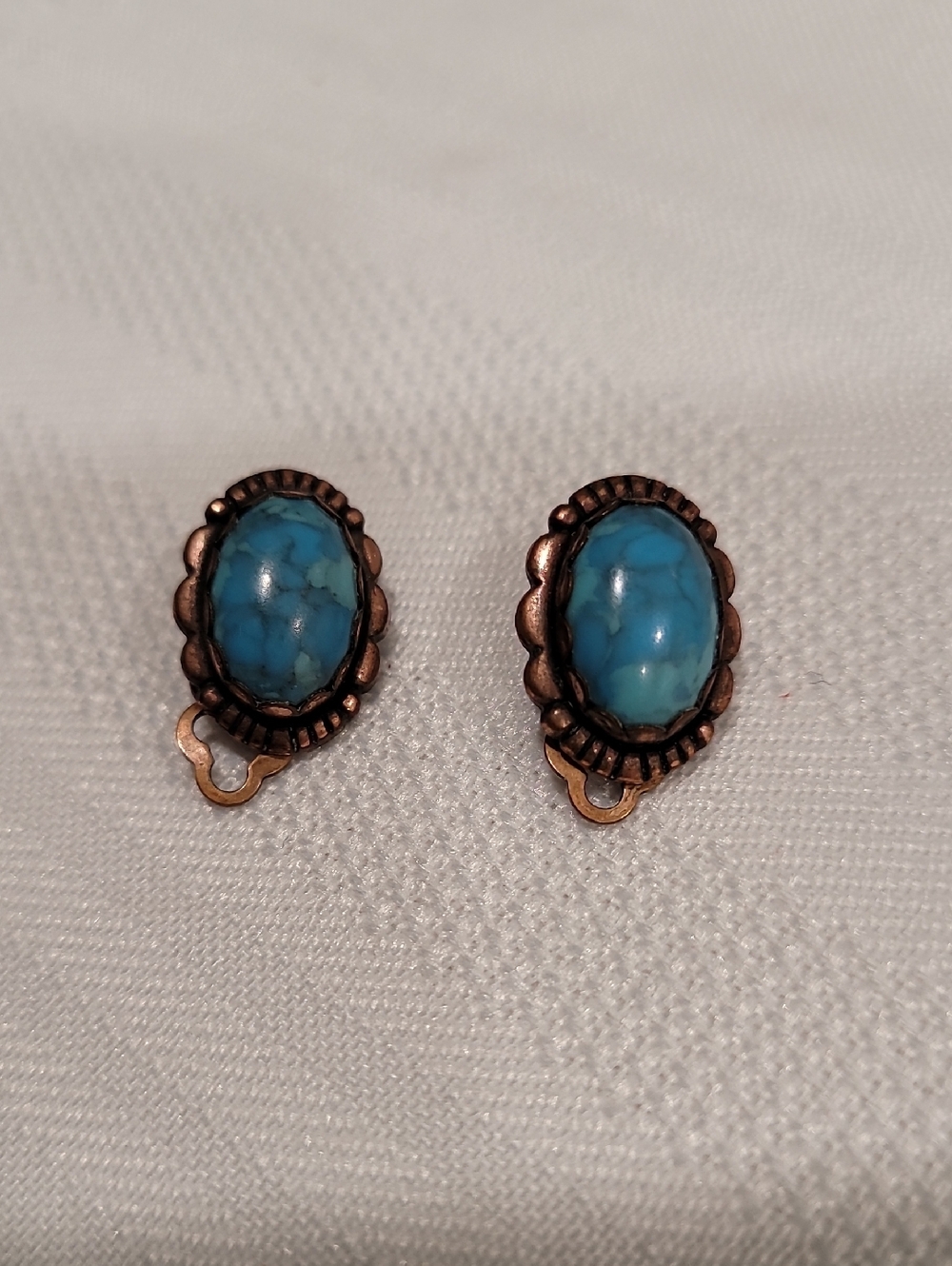 Earrings Vintage Copper Turquoise Stone? Glass? Signed Clip
